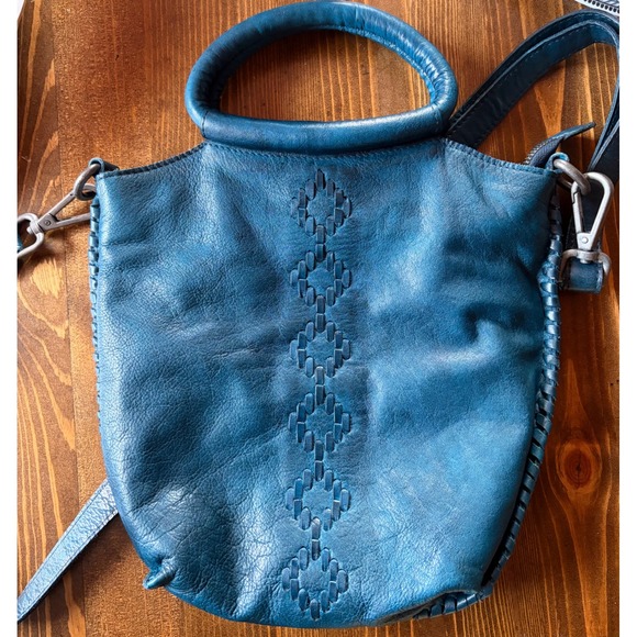 latico Handbags - Vintage Latico Teal Leather Handbag Whipstitch Crossbody Tote Geometric Detail